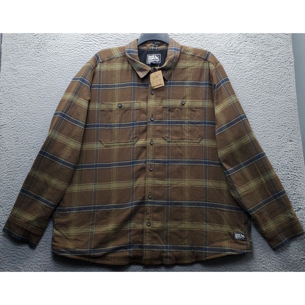 Eddie Bauer Field Flannel Shirt Jacket Men XXL Multi Plaid Fleece Lined Collared